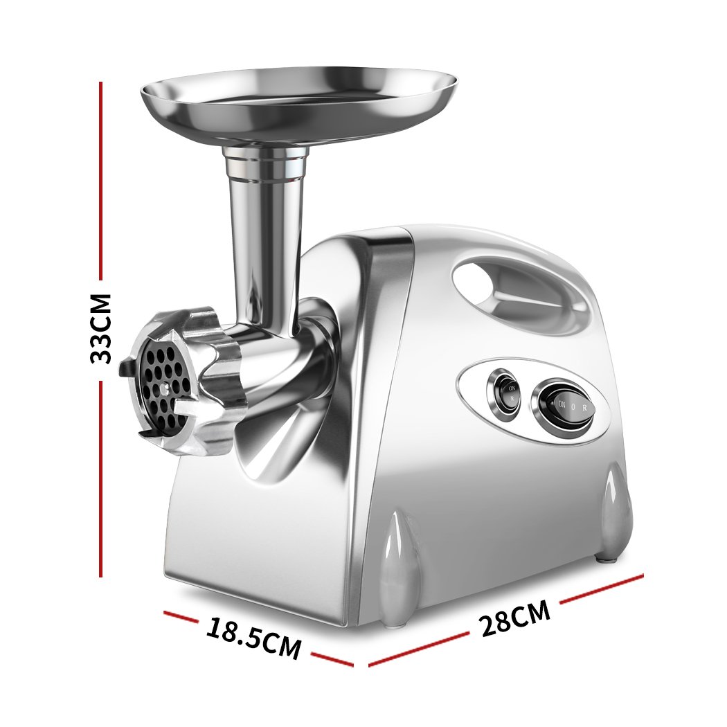 2800W Electric Meat Grinder with sausage funnel and kibbe attachment, showcasing its sleek stainless steel design and various components.