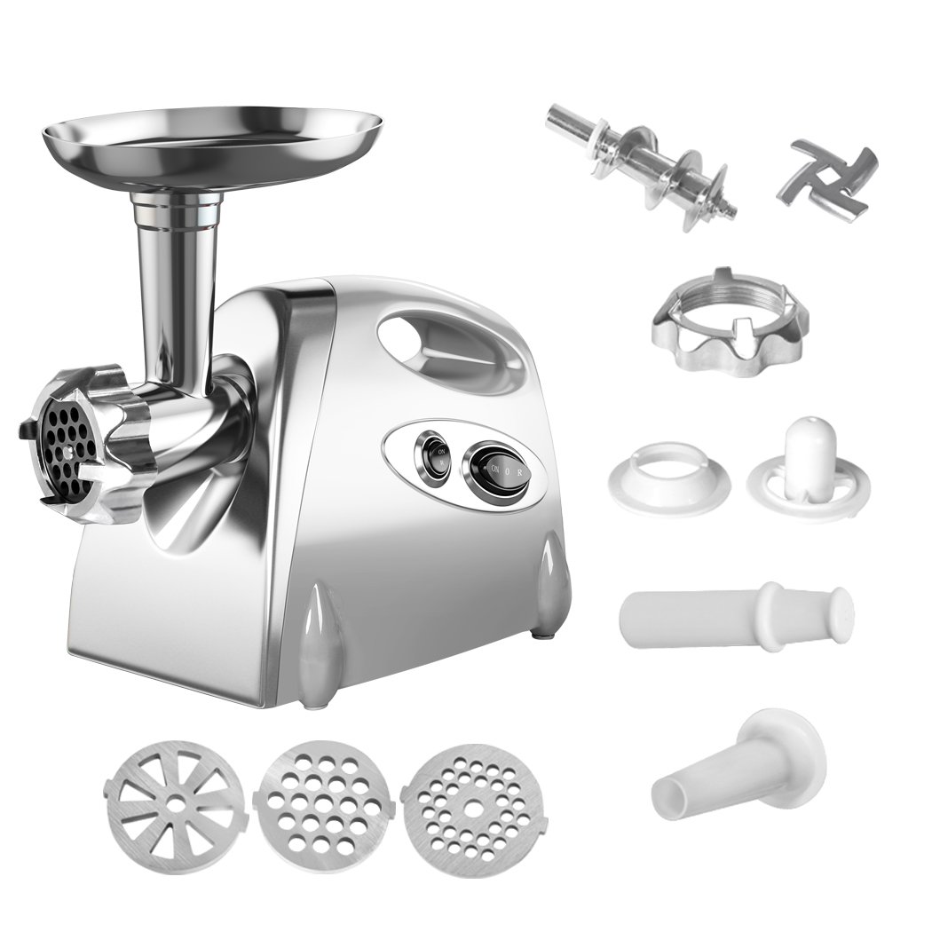 2800W Electric Meat Grinder with sausage funnel and kibbe attachment, showcasing its sleek stainless steel design and various components.