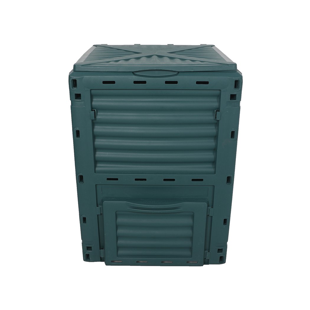 290L Compost Bin made from recycled plastic, featuring dual access hatch and built-in vents for efficient composting.