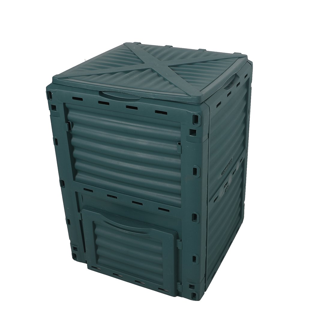 290L Compost Bin made from recycled plastic, featuring dual access hatch and built-in vents for efficient composting.