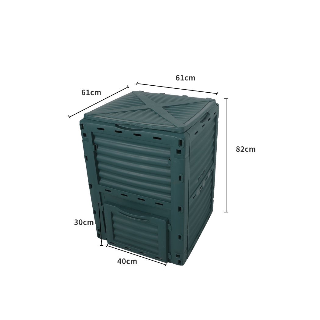 290L Compost Bin made from recycled plastic, featuring dual access hatch and built-in vents for efficient composting.