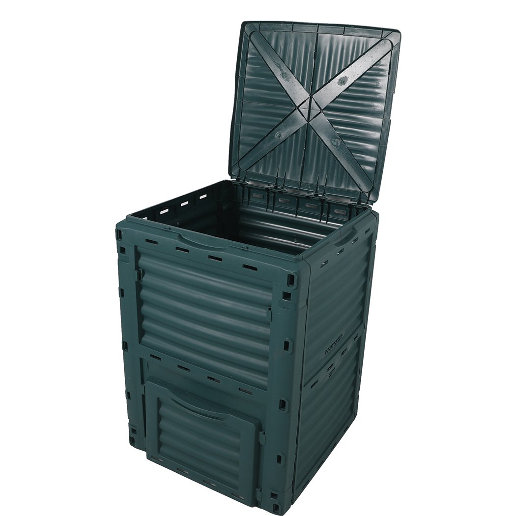 290L Compost Bin made from recycled plastic, featuring dual access hatch and built-in vents for efficient composting.