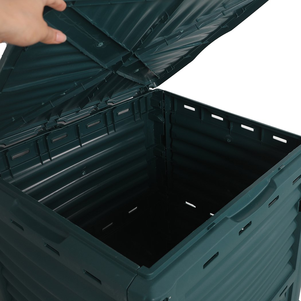 290L Compost Bin made from recycled plastic, featuring dual access hatch and built-in vents for efficient composting.