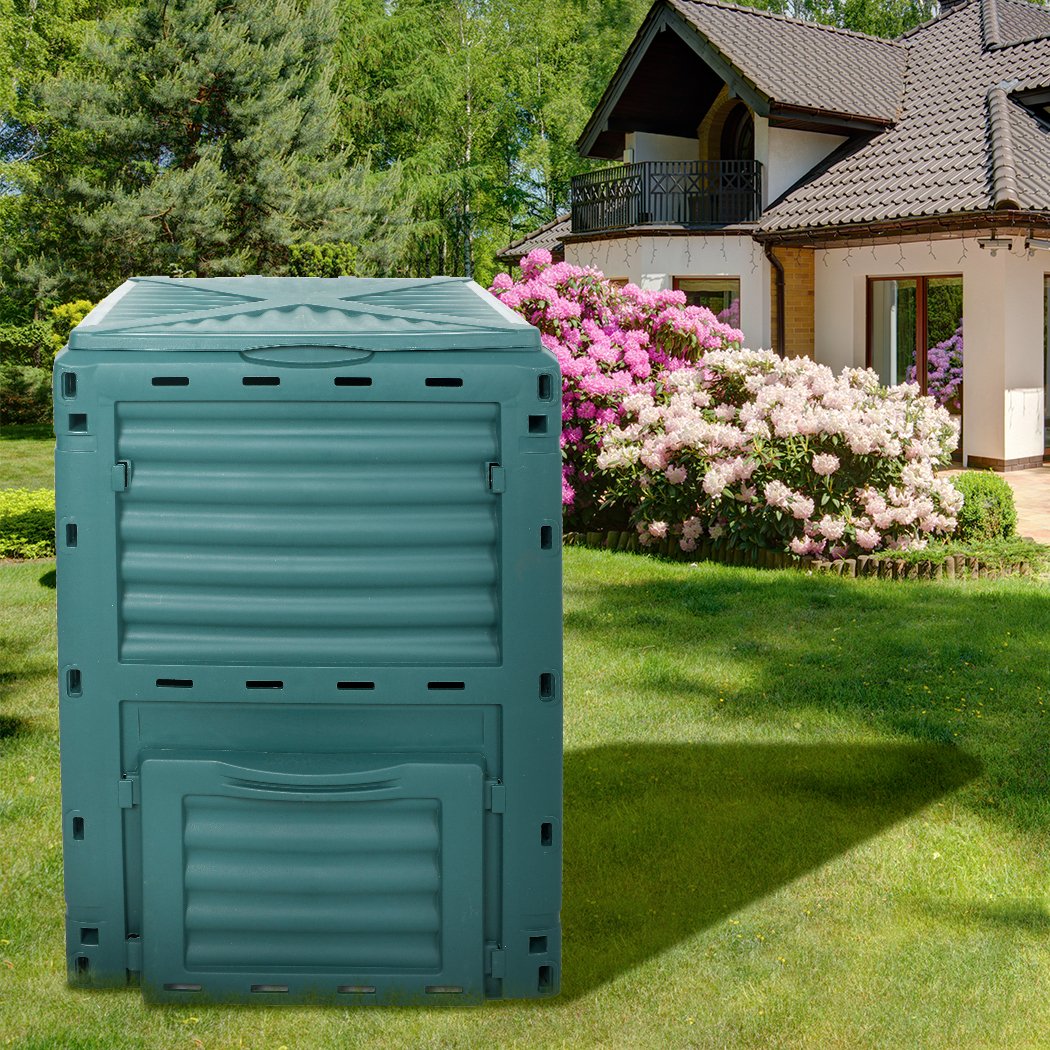 290L Compost Bin made from recycled plastic, featuring dual access hatch and built-in vents for efficient composting.