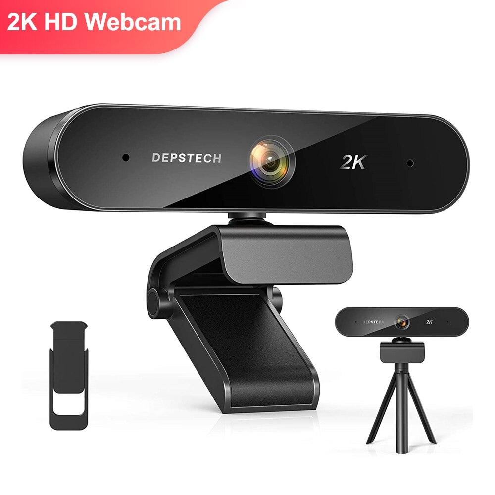 2K Webcam with dual microphones, privacy cover, and tripod stand, designed for video conferencing and gaming.