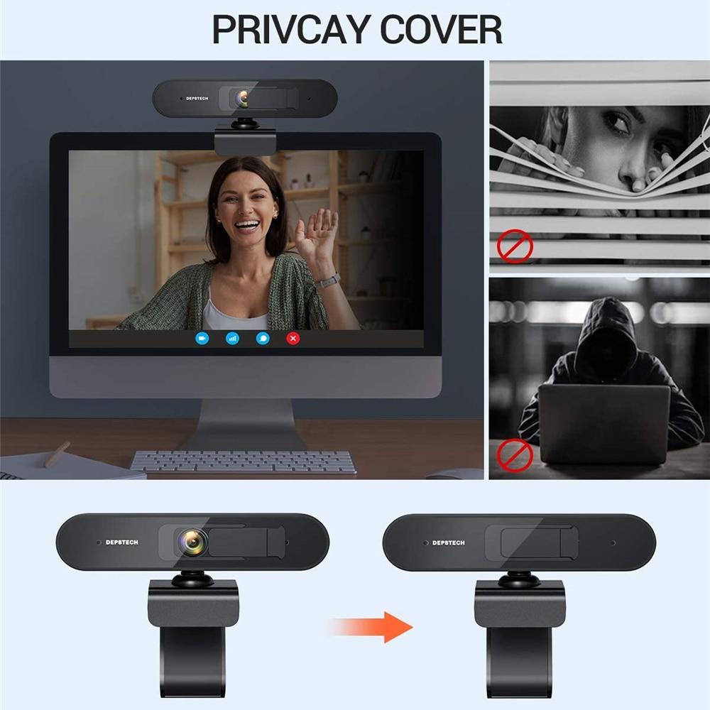 2K Webcam with dual microphones, privacy cover, and tripod stand, designed for video conferencing and gaming.