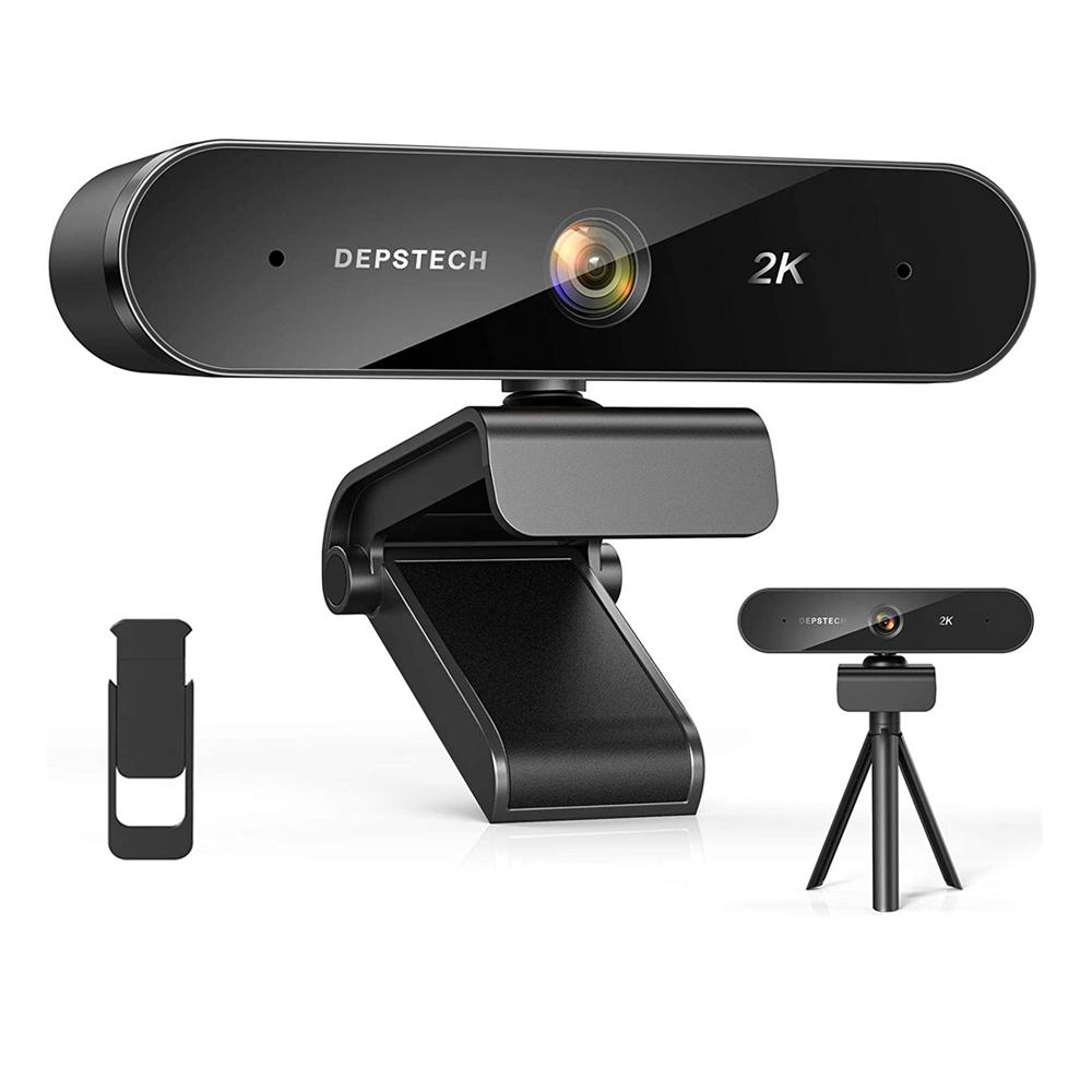 2K Webcam with dual microphones, privacy cover, and tripod stand, designed for video conferencing and gaming.