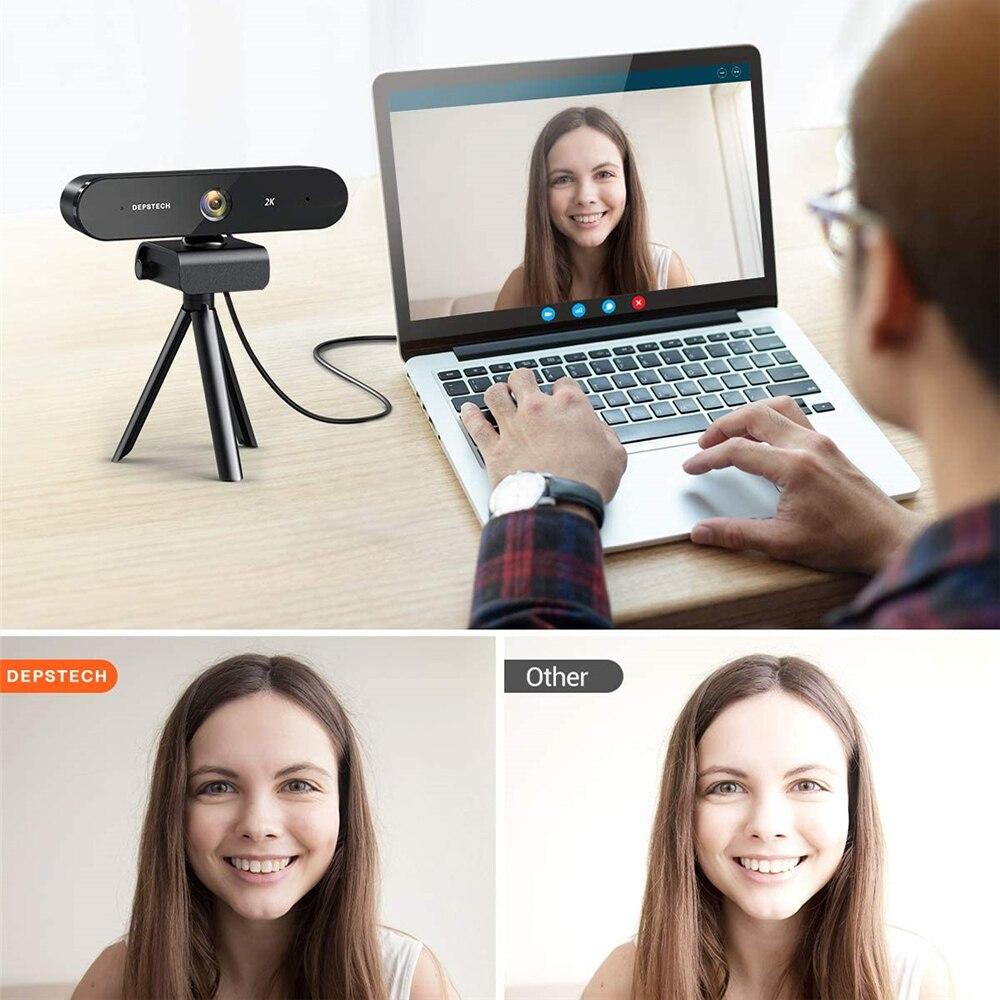 2K Webcam with dual microphones, privacy cover, and tripod stand, designed for video conferencing and gaming.