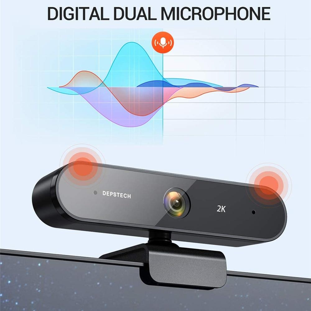 2K Webcam with dual microphones, privacy cover, and tripod stand, designed for video conferencing and gaming.