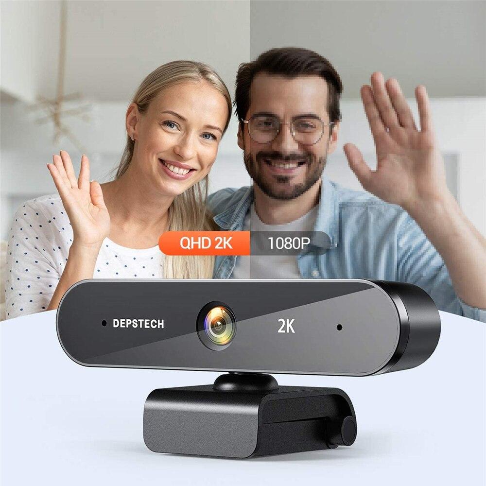 2K Webcam with dual microphones, privacy cover, and tripod stand, designed for video conferencing and gaming.