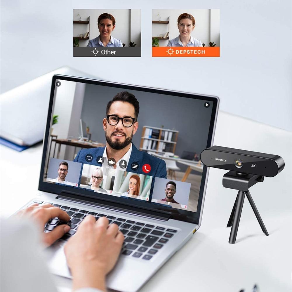 2K Webcam with dual microphones, privacy cover, and tripod stand, designed for video conferencing and gaming.