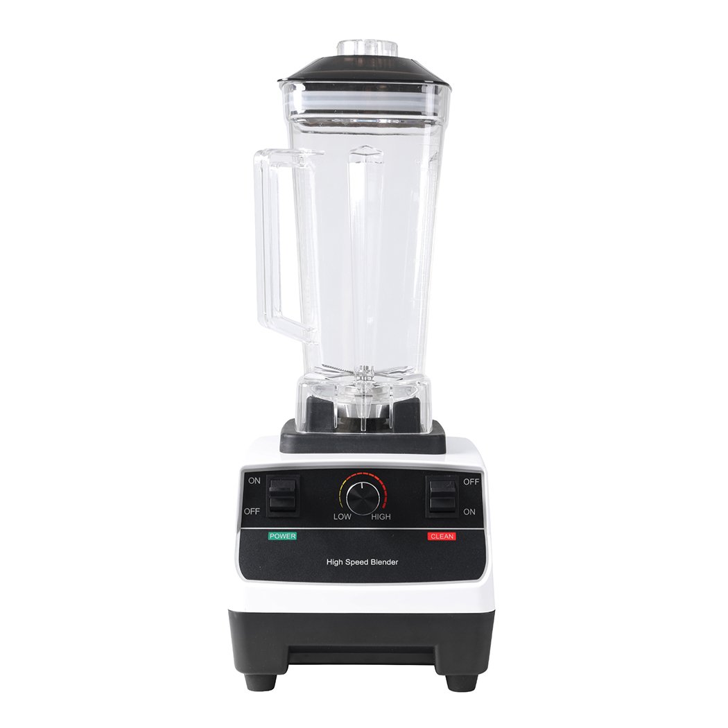 2L Commercial Blender Mixer with a white ABS frame and a food-grade polycarbonate jug, featuring stainless steel blades and a variable speed dial.