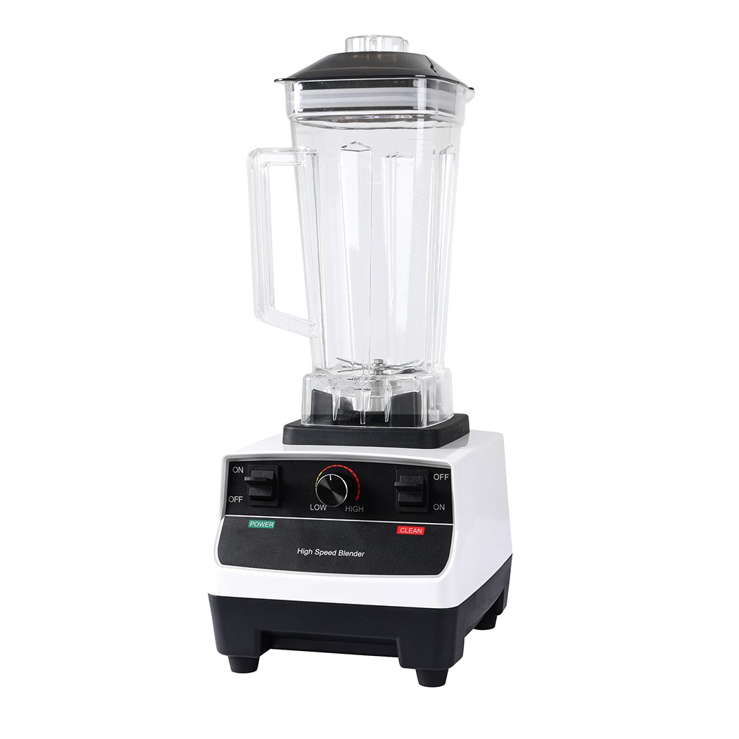 2L Commercial Blender Mixer with a white ABS frame and a food-grade polycarbonate jug, featuring stainless steel blades and a variable speed dial.