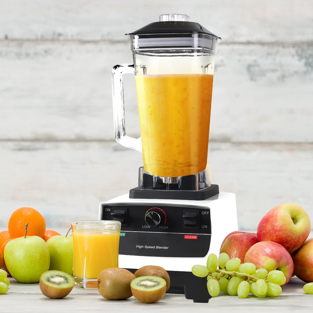 2L Commercial Blender Mixer with a white ABS frame and a food-grade polycarbonate jug, featuring stainless steel blades and a variable speed dial.