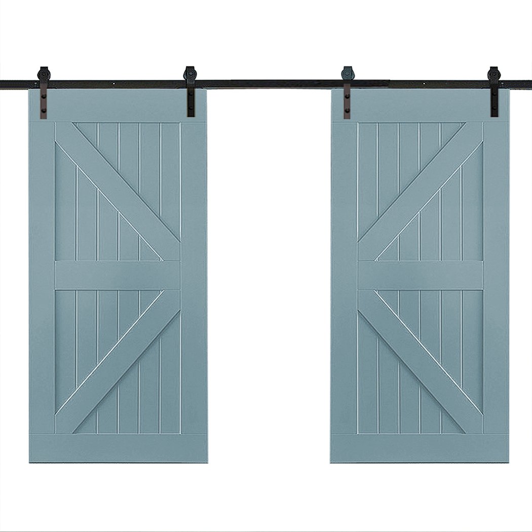 2M Antique Classic Style Double Sliding Barn Door Hardware Track featuring heavy-duty carbon steel construction and smooth nylon wheels.