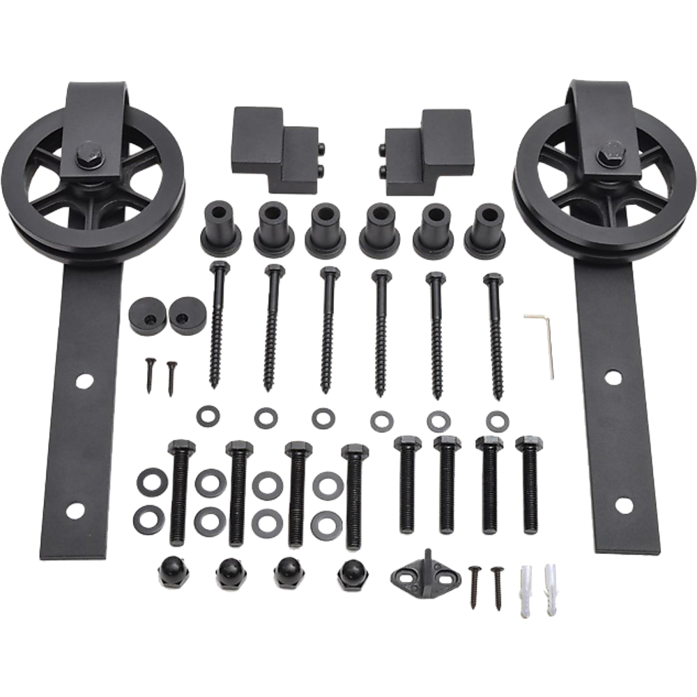 2M Big Spoke Wheel Sliding Barn Door Hardware set featuring a stylish black finish and robust carbon steel construction.