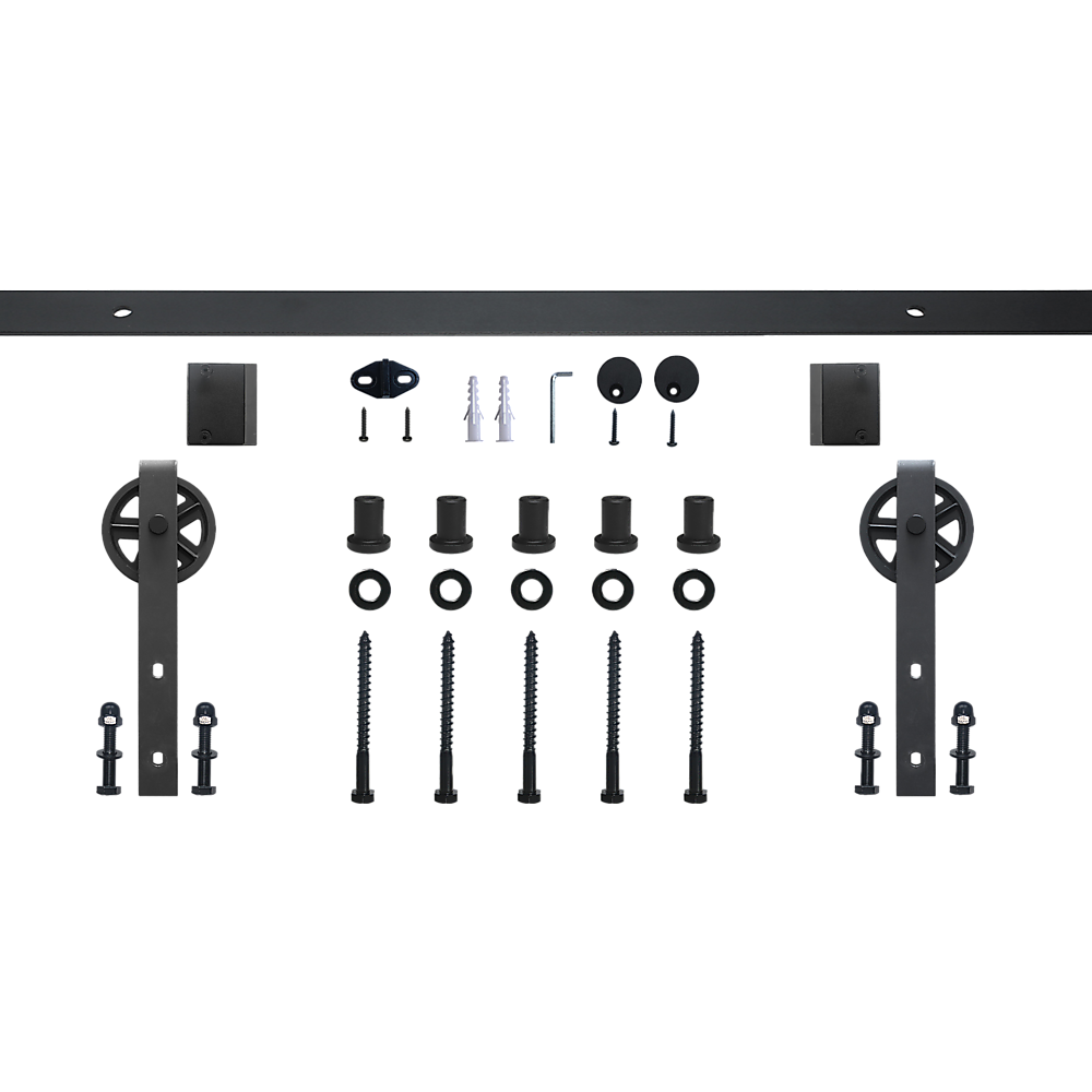 2M Big Spoke Wheel Sliding Barn Door Hardware set featuring a stylish black finish and robust carbon steel construction.