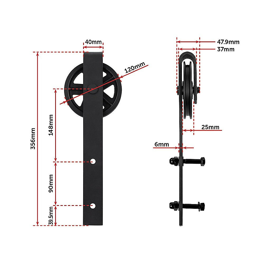 2M Big Spoke Wheel Sliding Barn Door Hardware set featuring a stylish black finish and robust carbon steel construction.