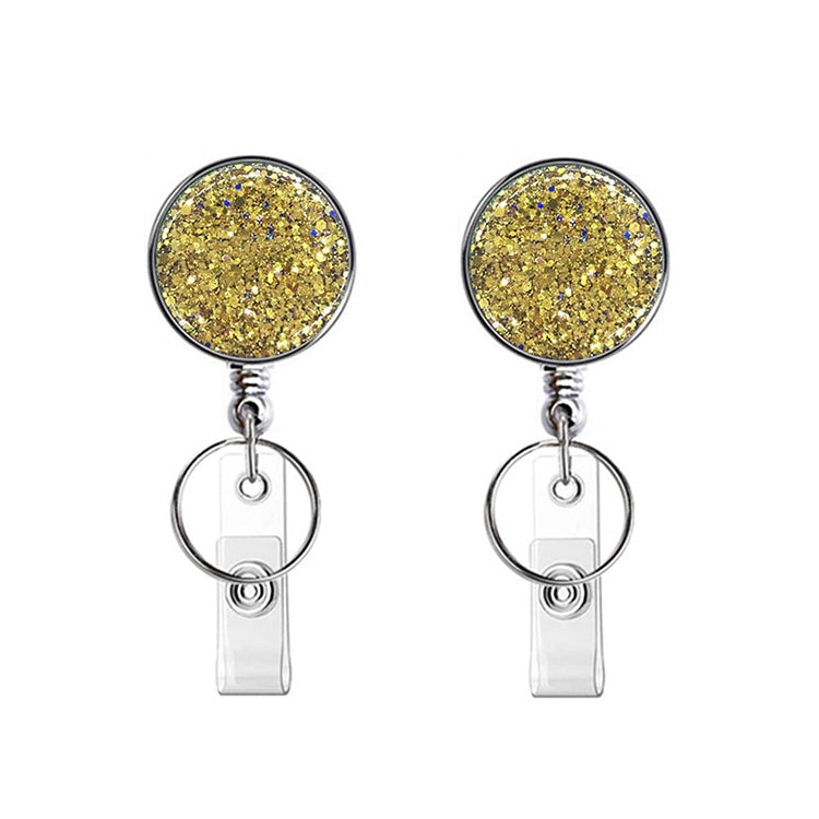 Two stylish diamond glitter sequins retractable badge reels with a shiny finish, perfect for ID display.