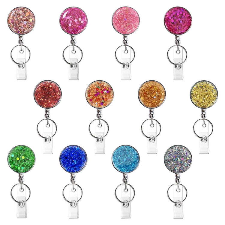 Two stylish diamond glitter sequins retractable badge reels with a shiny finish, perfect for ID display.