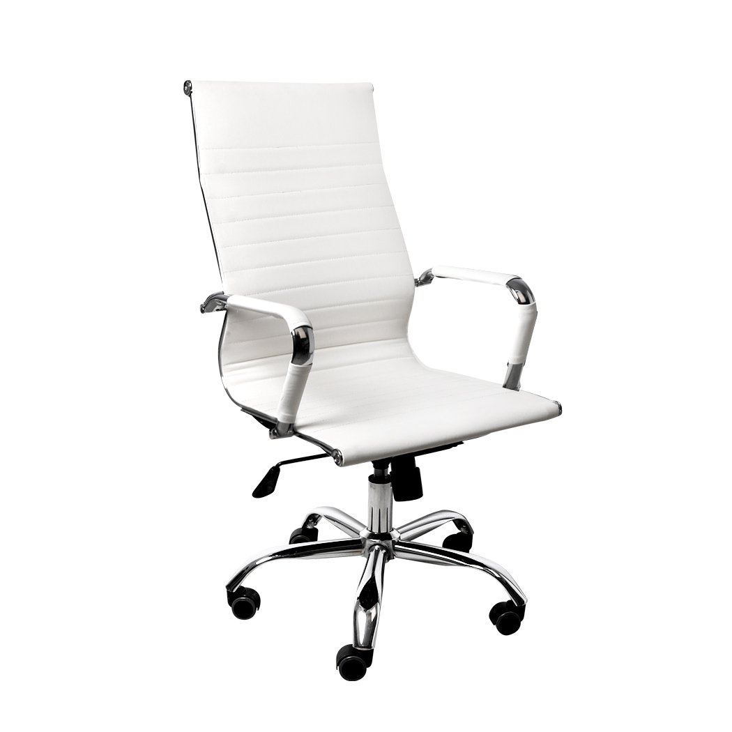 Two stylish office chairs with PU leather upholstery and chrome base, designed for comfort and ergonomic support.