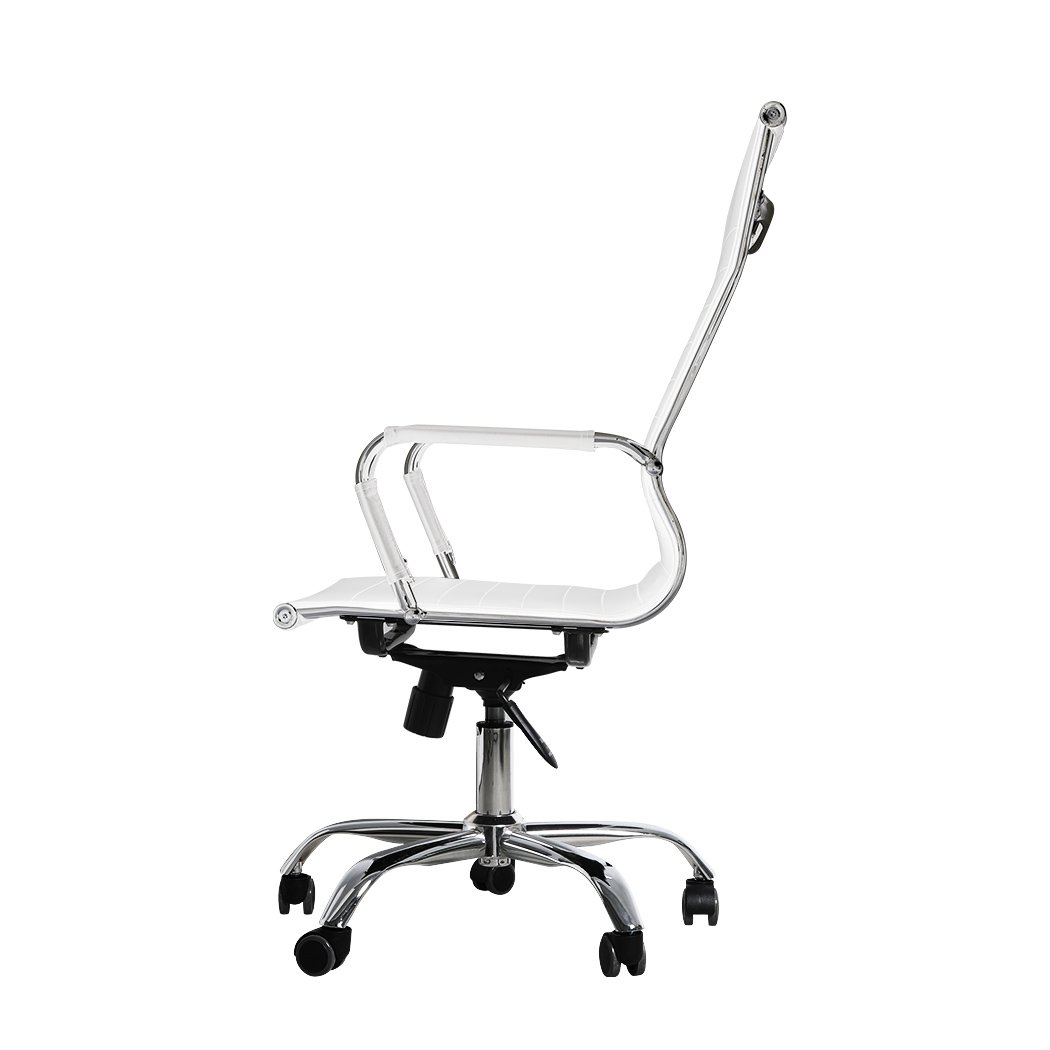 Two stylish office chairs with PU leather upholstery and chrome base, designed for comfort and ergonomic support.