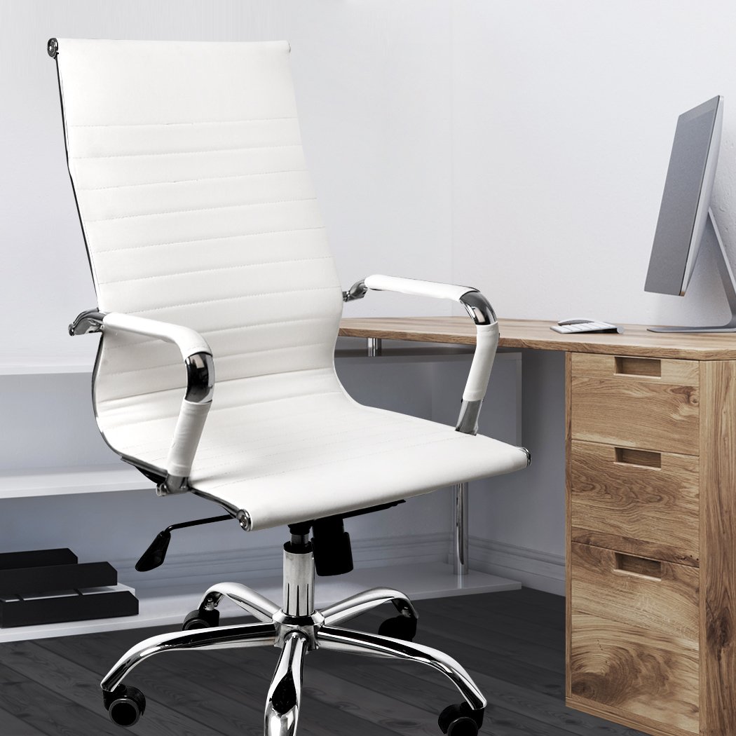 Two stylish office chairs with PU leather upholstery and chrome base, designed for comfort and ergonomic support.