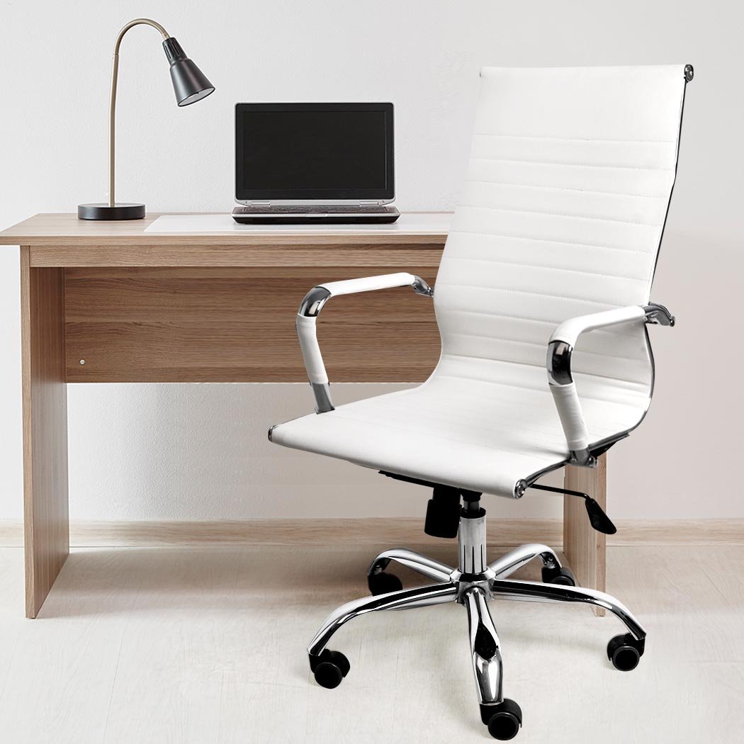 Two stylish office chairs with PU leather upholstery and chrome base, designed for comfort and ergonomic support.