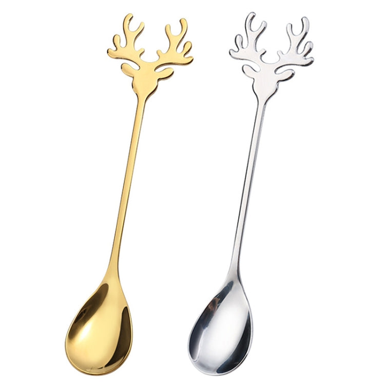 Two Christmas-themed stainless steel stirring spoons with deer design, perfect for holiday beverages.