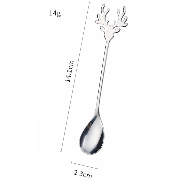 Two Christmas-themed stainless steel stirring spoons with deer design, perfect for holiday beverages.