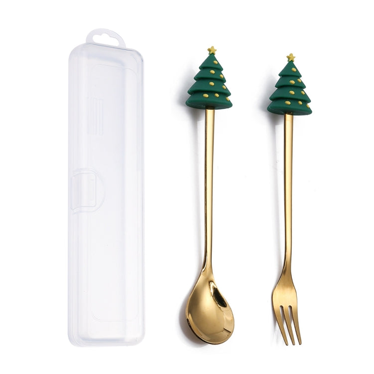 A cute 2pcs Christmas Dessert Fork and Spoon Set featuring cartoon doll designs, made of stainless steel, perfect for festive dining.