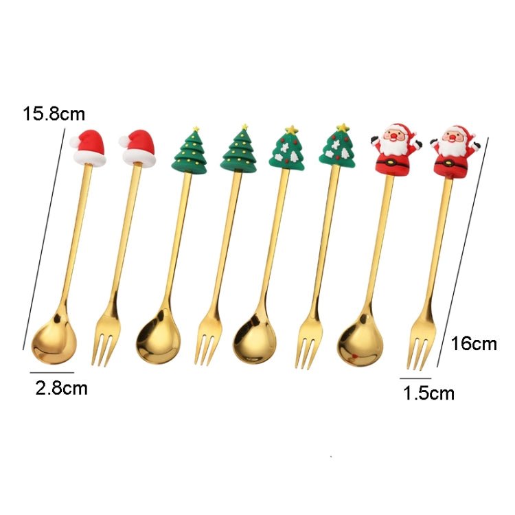 A cute 2pcs Christmas Dessert Fork and Spoon Set featuring cartoon doll designs, made of stainless steel, perfect for festive dining.