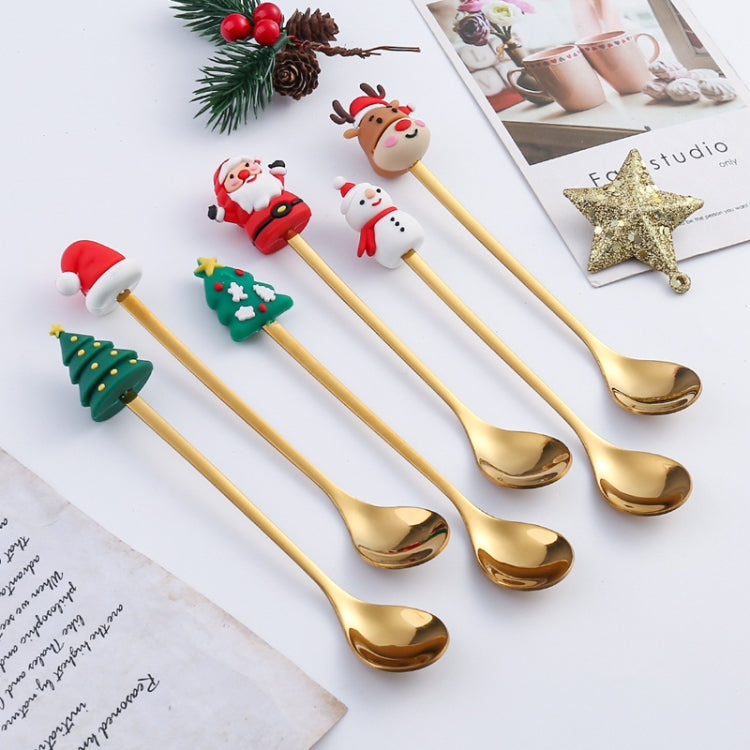 A cute 2pcs Christmas Dessert Fork and Spoon Set featuring cartoon doll designs, made of stainless steel, perfect for festive dining.