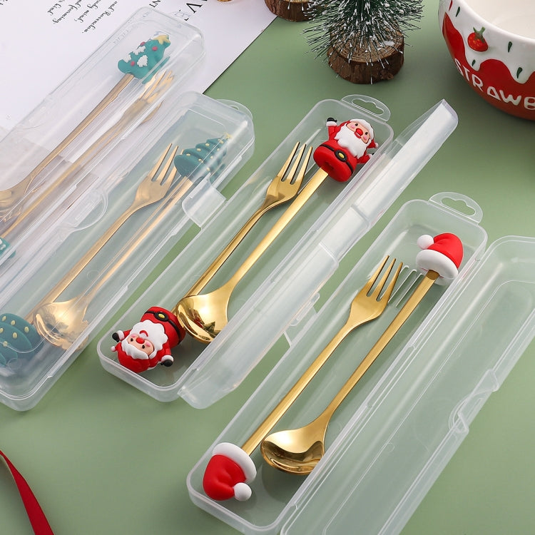 A cute 2pcs Christmas Dessert Fork and Spoon Set featuring cartoon doll designs, made of stainless steel, perfect for festive dining.