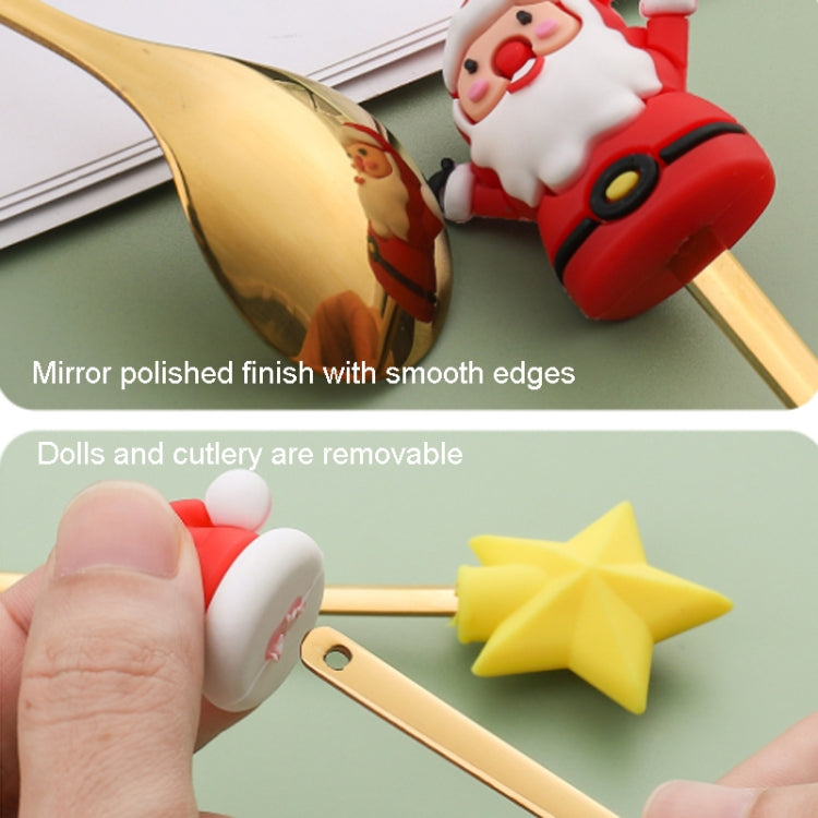 A cute 2pcs Christmas Dessert Fork and Spoon Set featuring cartoon doll designs, made of stainless steel, perfect for festive dining.