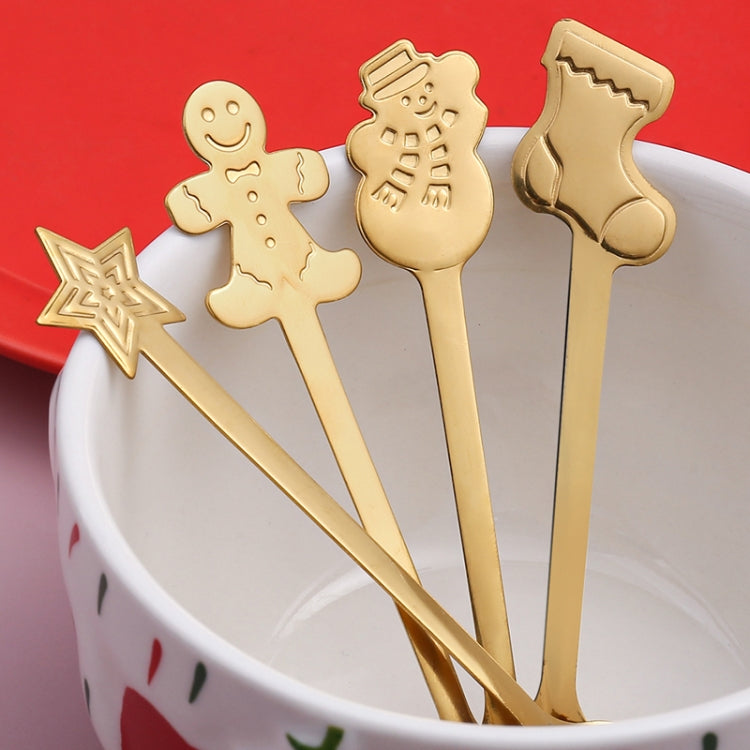 A festive 2pcs stainless steel spoon set featuring Christmas-themed designs including snowmen, stockings, and gingerbread, perfect for holiday dining.