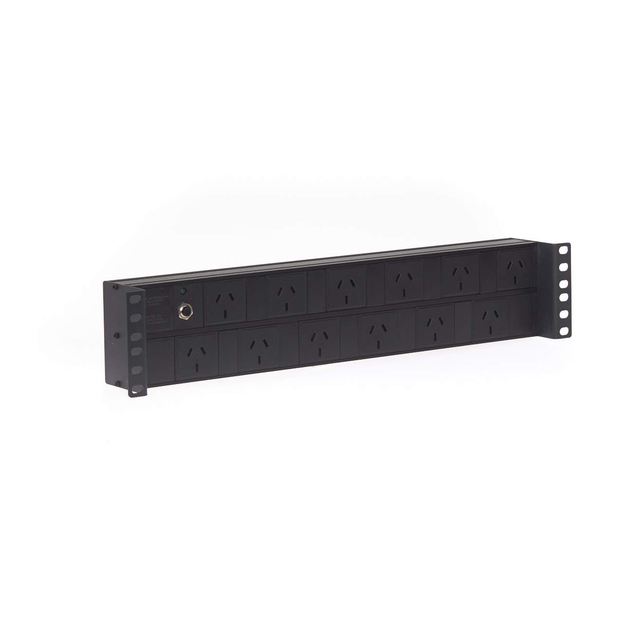 2RU 12 Way GPO Horizontal PDU with IEC C14 Inlet, featuring 12 Australian GPO outlets and a sleek black design for server rack installation.