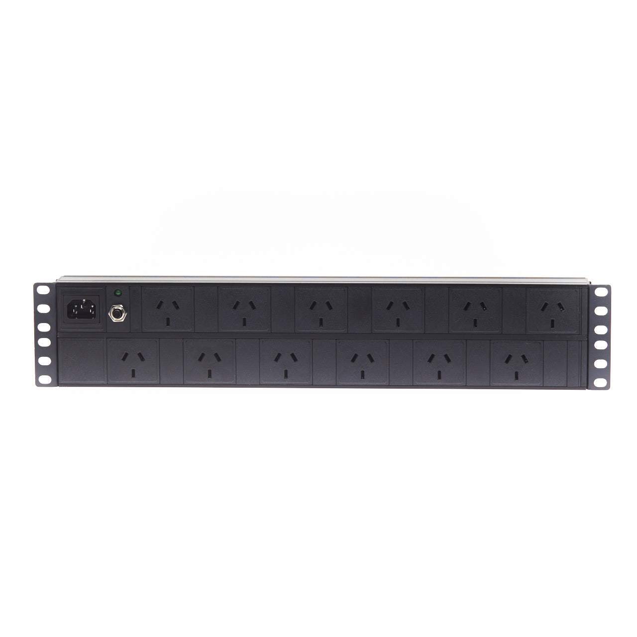 2RU 12 Way GPO Horizontal Rack Mount PDU Power Rail with IEC C14 inlet, featuring 12 Australian GPO outlets and a sleek black design.