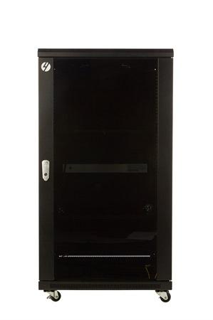 22RU 600mm Wide x 600mm Deep Server Rack with lockable glass door and removable side panels, showcasing its sturdy steel construction.