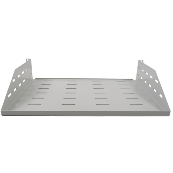 2RU Cantilever Shelf 350mm Deep for outdoor racks, featuring a grey powder-coated finish and ventilation slots for airflow.