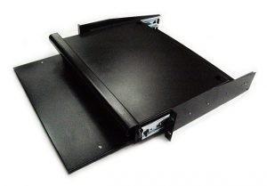 2RU Sliding Keyboard Shelf mounted in a rack, showcasing its smooth sliding mechanism and sturdy design.