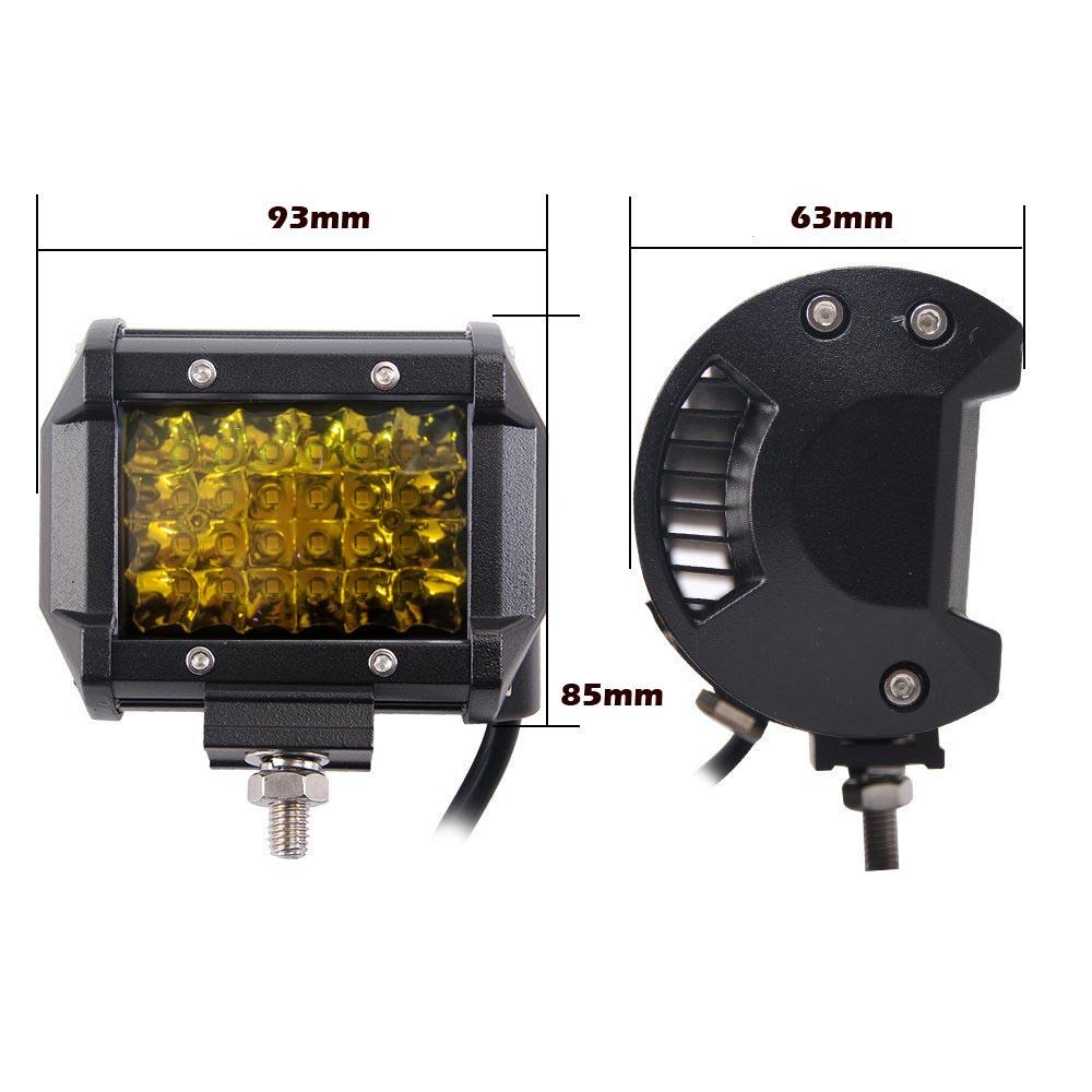 Two 4 inch Spot LED Work Light Bars with amber light, designed for 4WD fog and reverse driving, showcasing durable construction and high brightness.