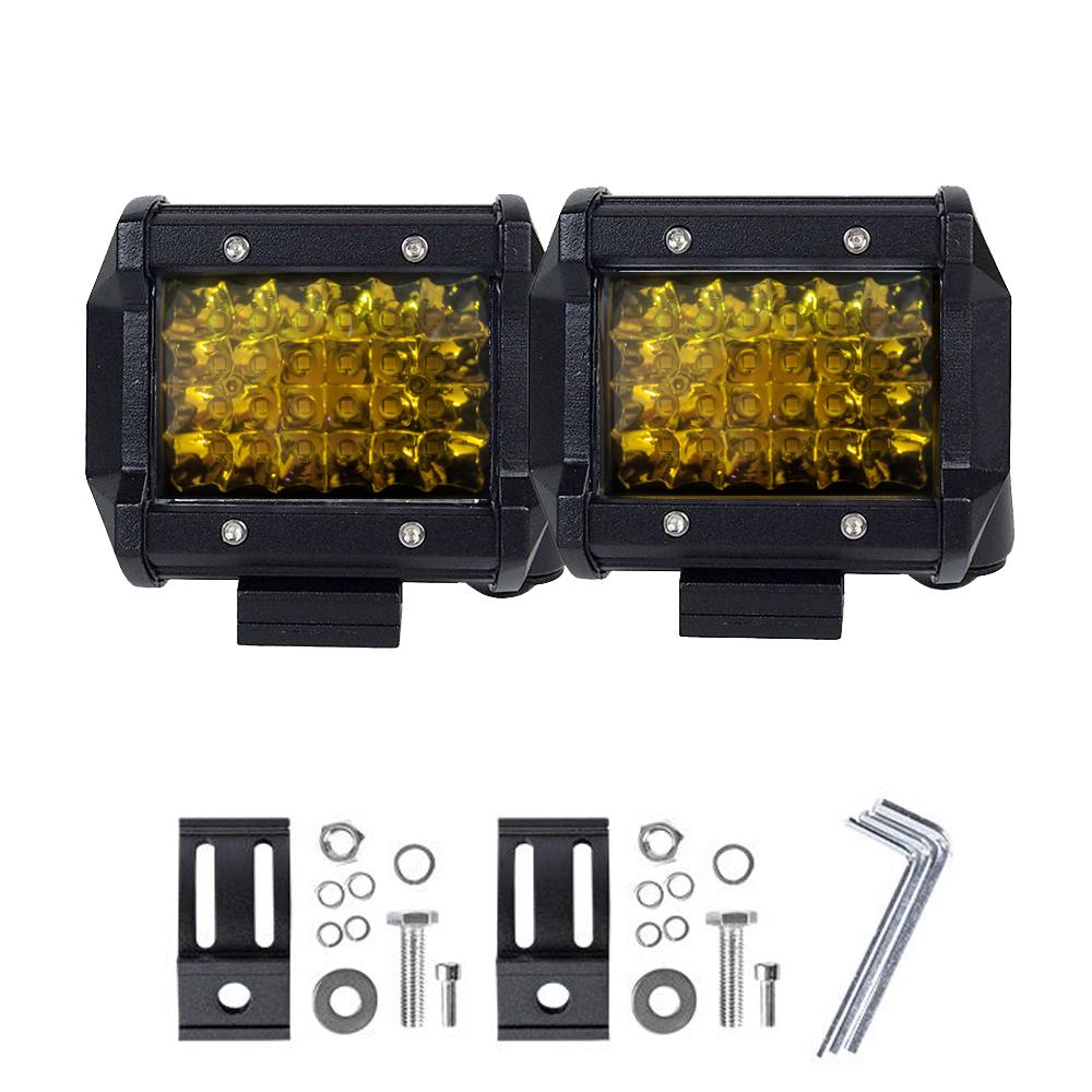 Two 4 inch Spot LED Work Light Bars with amber light, designed for 4WD fog and reverse driving, showcasing durable construction and high brightness.