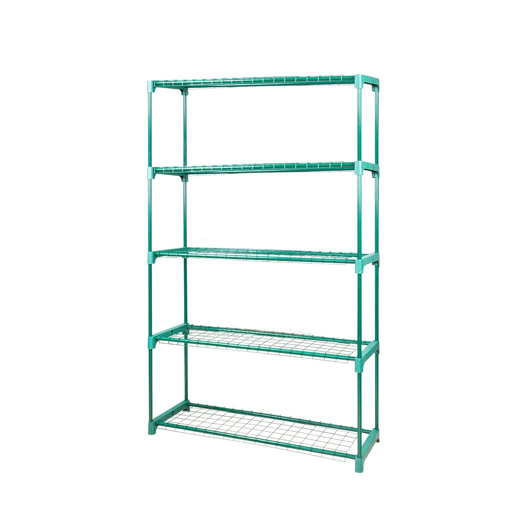 Two 5-tier plant shelves made of steel, ideal for greenhouses and storage, featuring a dark green finish and ample space for plants and tools.