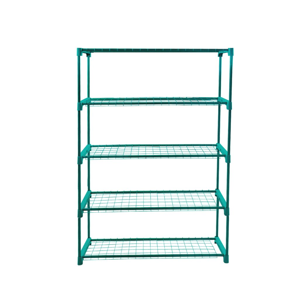 Two 5-tier plant shelves made of steel, ideal for greenhouses and storage, featuring a dark green finish and ample space for plants and tools.