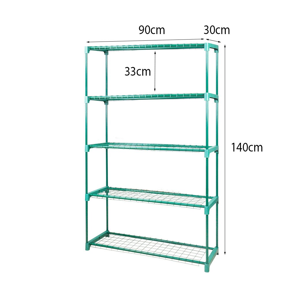 Two 5-tier plant shelves made of steel, ideal for greenhouses and storage, featuring a dark green finish and ample space for plants and tools.