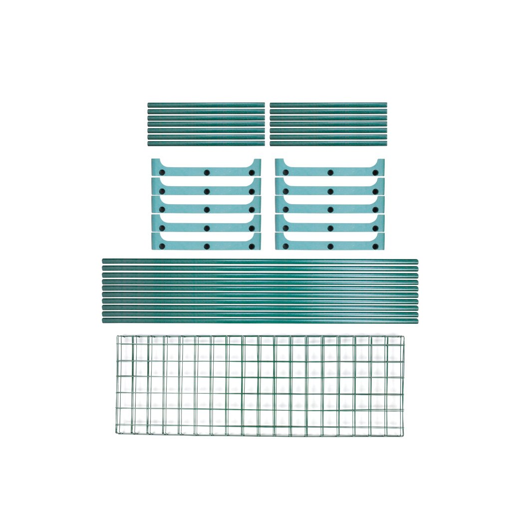 Two 5-tier plant shelves made of steel, ideal for greenhouses and storage, featuring a dark green finish and ample space for plants and tools.