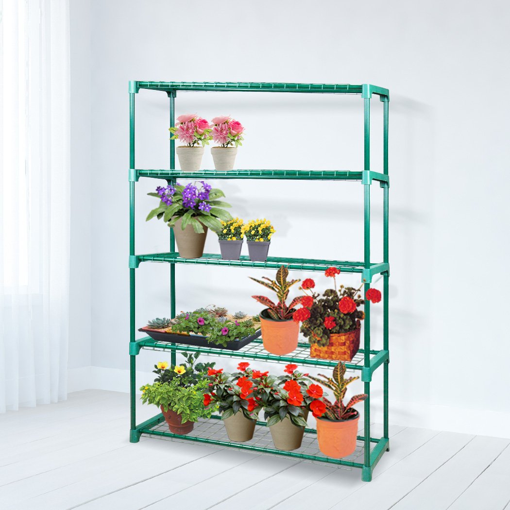 Two 5-tier plant shelves made of steel, ideal for greenhouses and storage, featuring a dark green finish and ample space for plants and tools.