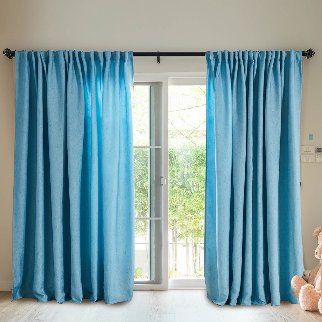 Elegant blue 2X blockout curtains designed for living room windows, measuring 180CM x 230CM, effectively blocking sunlight and noise.