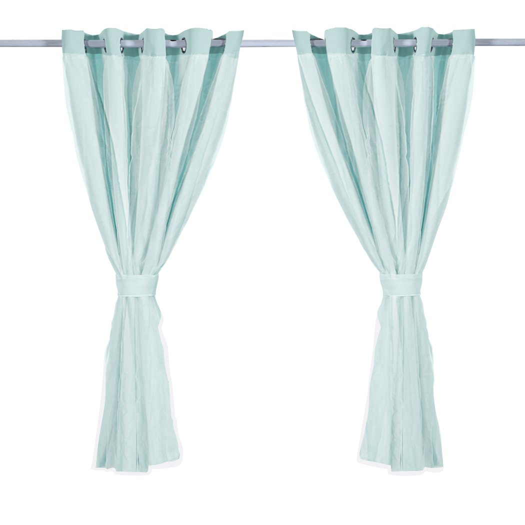 Two elegant blockout curtain panels with gauze, showcasing a 3-layer design for room darkening, hanging on a curtain rod.